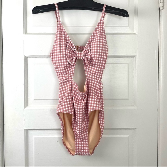 Beach Joy Bikini Brand One Piece Pink/White Check W/ Front Cut Out & Bow Size S - Picture 1 of 9